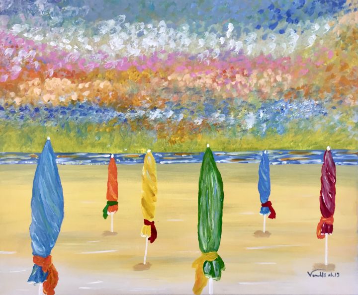 Картина под названием "Parasols de Deauvil…" - Venuldii, Подлинное произведение искусства, Акрил Установлен на Деревянная ра…
