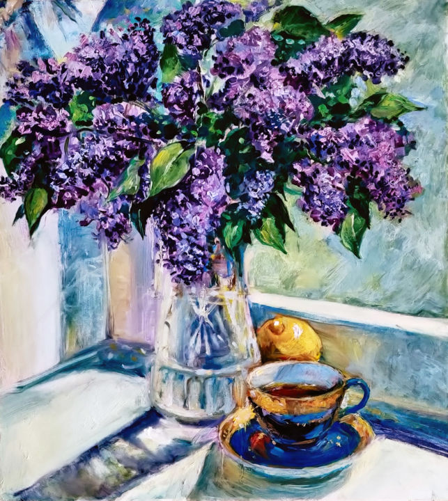 Schilderij getiteld "The Lilac." door Vera Boguslavskaia, Origineel Kunstwerk, Olie
