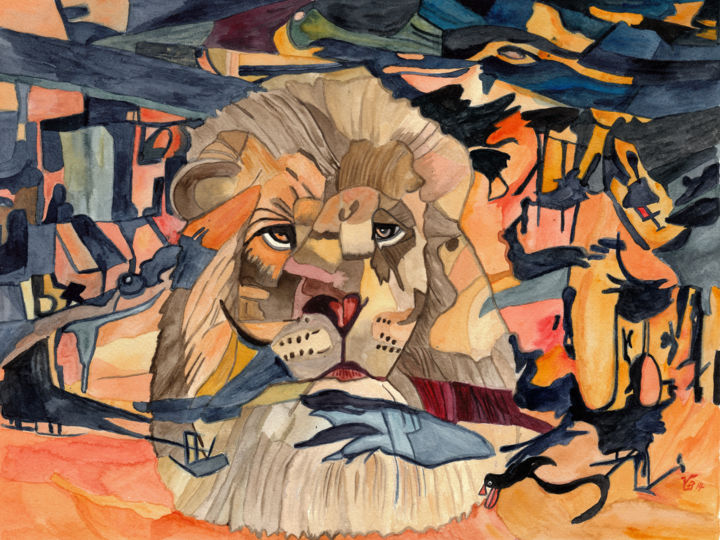 Malerei mit dem Titel "The Lion" von Vera Boldt, Original-Kunstwerk, Aquarell