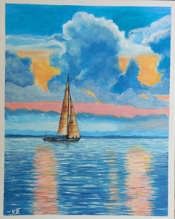 Pittura intitolato "Закат на море" da Vera Filatova, Opera d'arte originale, Acrilico