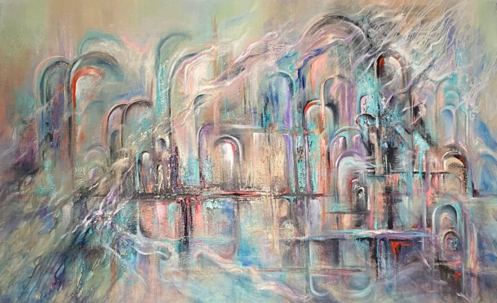 Картина под названием "Город будущего" - Вера Хайрутдинова, Подлинное произведение искусства, Масло Установлен на Деревянная…