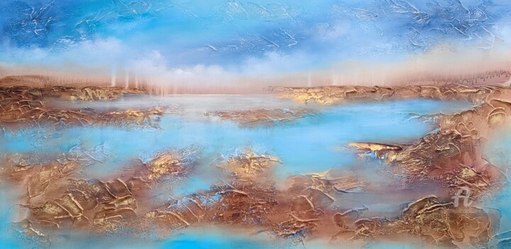 Painting titled ""Blue Lagoon"" by Vera Hoi, Original Artwork, Acrylic Mounted on Wood Stretcher frame