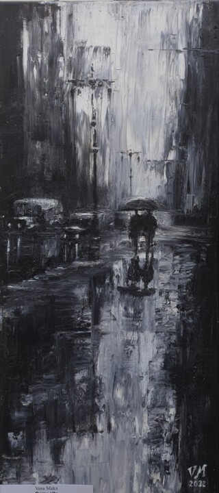 Painting titled "Rainy city" by Vera Maks, Original Artwork, Oil Mounted on Wood Stretcher frame