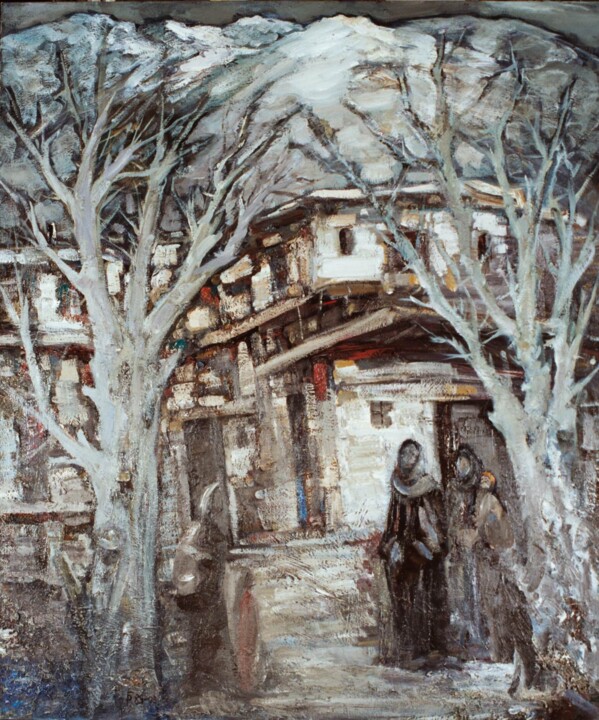 Painting titled "Mountain Village" by Vera Nechaeva, Original Artwork, Oil