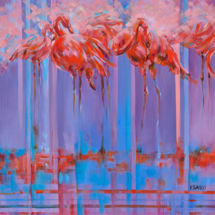 Painting titled "Flamingos" by Vera Saiko, Original Artwork, Oil