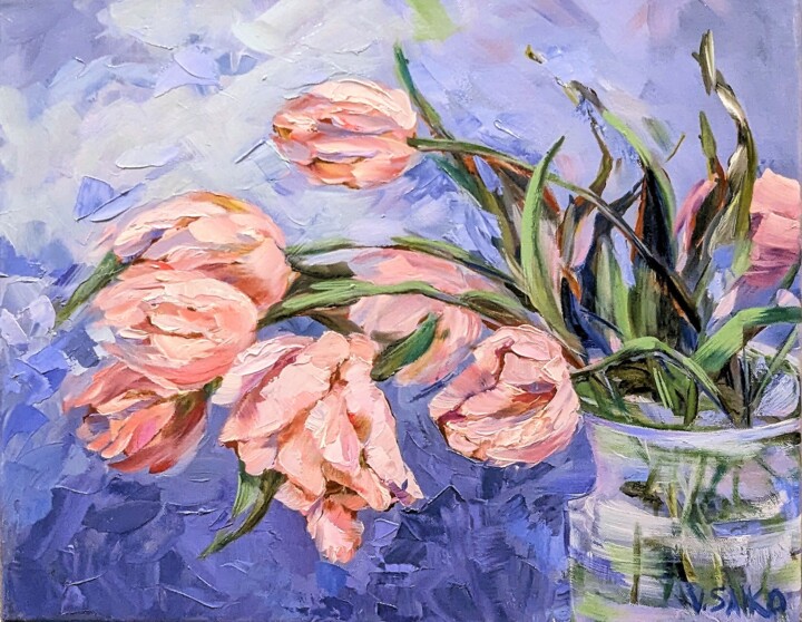 Painting titled "Tulips in a vase" by Vera Saiko, Original Artwork, Oil
