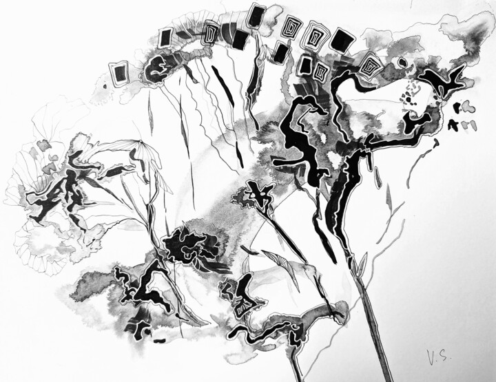 Drawing titled "Blooming Fantasy: F…" by Vera Saiko, Original Artwork, Ink