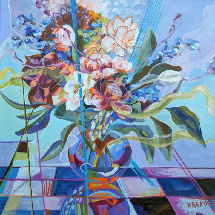 Painting titled "Luminous Bloom" by Vera Saiko, Original Artwork, Acrylic Mounted on Wood Stretcher frame