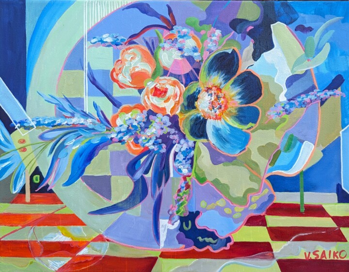 Painting titled "Floral Fusion" by Vera Saiko, Original Artwork, Acrylic Mounted on Wood Stretcher frame