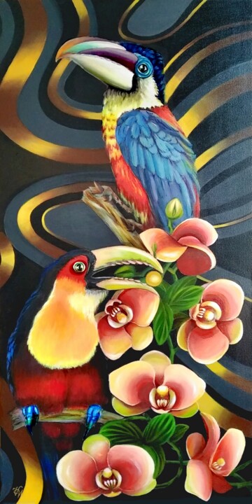Peinture intitulée "Тропические птицы" par Vera Winter, Œuvre d'art originale, Acrylique