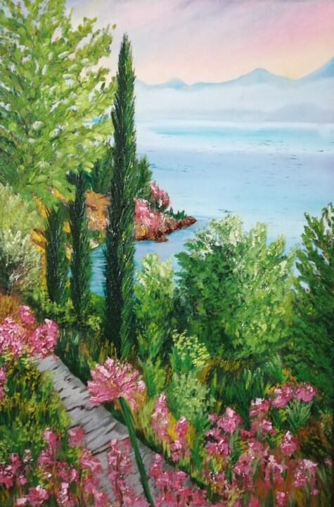 Painting titled ""The Mediterranean"" by Vera Iurchenko, Original Artwork, Oil Mounted on Wood Stretcher frame