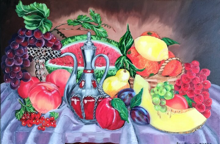 Painting titled ""Still Life with Fr…" by Vera Iurchenko, Original Artwork, Oil Mounted on Wood Stretcher frame