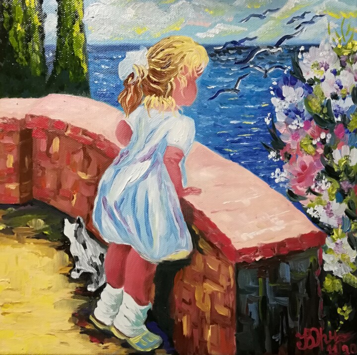 Painting titled ""Girl by the Sea"" by Vera Iurchenko, Original Artwork, Oil Mounted on Wood Panel