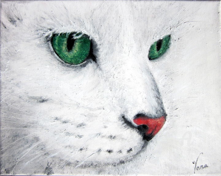 Painting titled "vera-chat-blanc.jpg" by Vera, Original Artwork, Oil