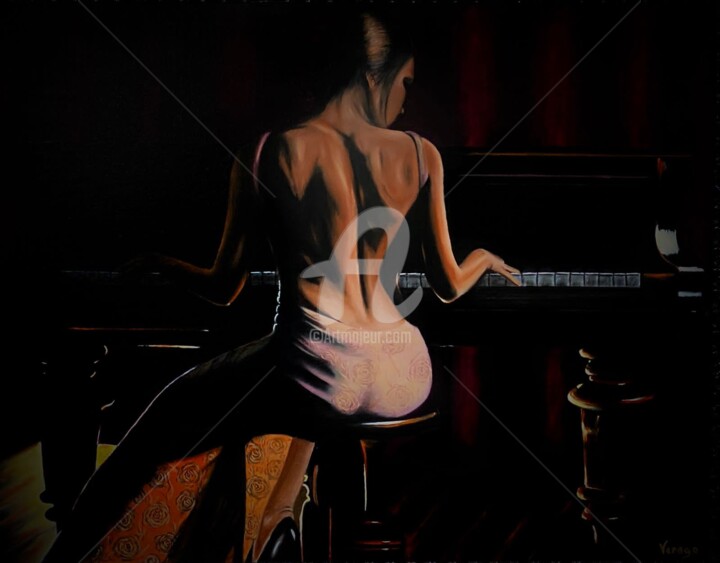 Painting titled "The pianist" by Verago, Original Artwork, Oil Mounted on Wood Stretcher frame