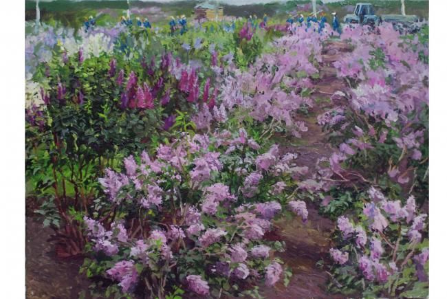 Pittura intitolato "Lilacs street" da Vera Lagutenkova, Opera d'arte originale