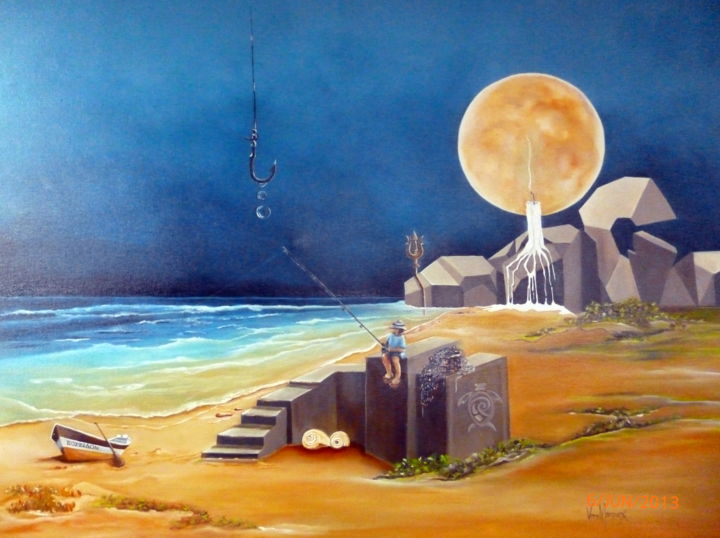 Painting titled "ESTÓRIA DE PESCADOR" by Vera Marques, Original Artwork, Oil