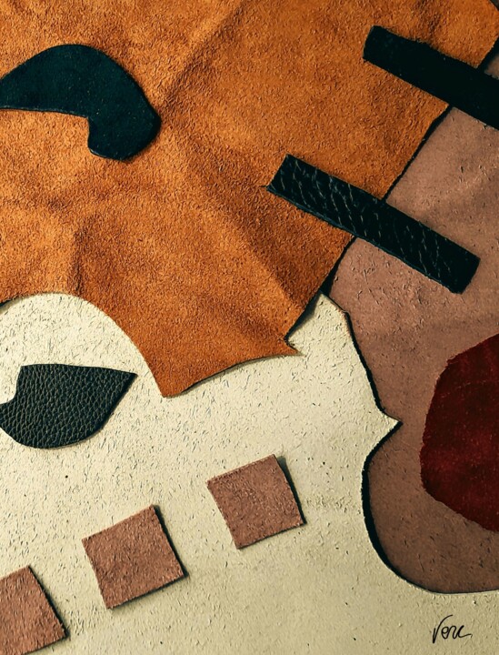 「Leather Collage Art…」というタイトルのコラージュ Vercmagnusによって, オリジナルのアートワーク, コラージュ ウッドストレッチャーフレームにマウント