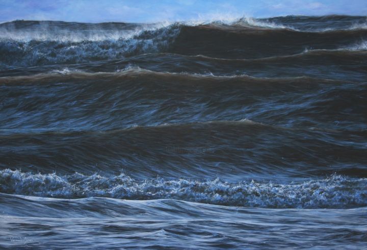 Pittura intitolato ""Towering waves at…" da Vernon W Jones, Opera d'arte originale, Acrilico