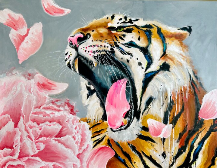 Painting titled "Tigre - Julia" by Véro Blaise, Original Artwork, Oil Mounted on Wood Stretcher frame