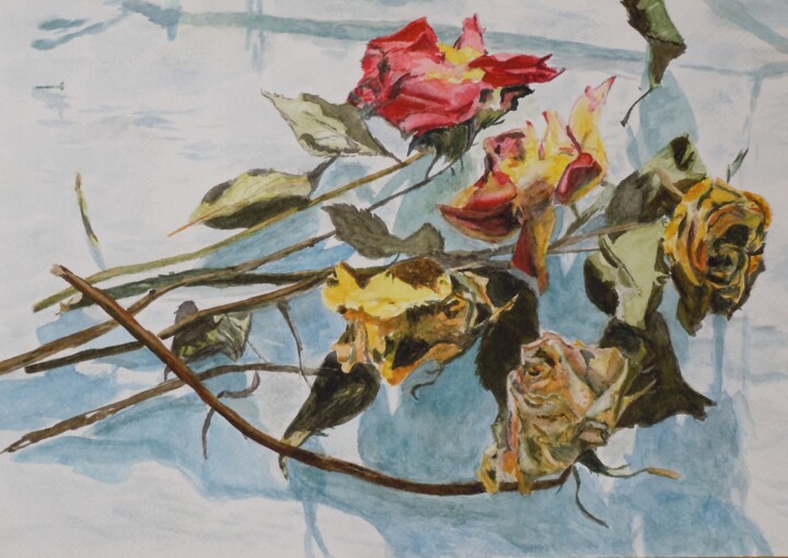 Peinture intitulée "Roses fanées" par Véronique Faivre, Œuvre d'art originale, Aquarelle