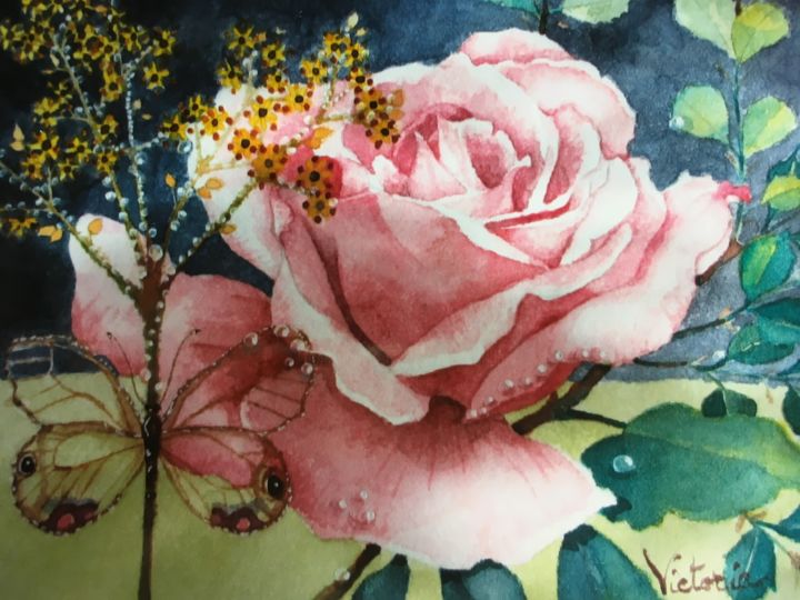 Painting titled "Rose d’Irlande" by Victoria, Original Artwork, Watercolor