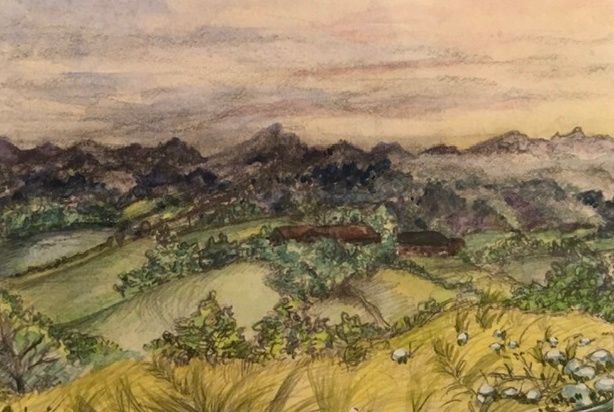 Dessin intitulée "Campagne pyrénéenne" par Victoria, Œuvre d'art originale, Crayon