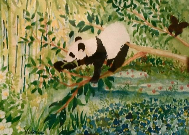 Painting titled "Panda dans le jardi…" by Victoria, Original Artwork, Watercolor