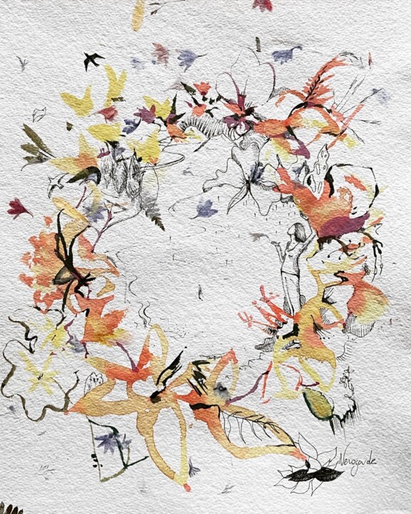 Σχέδιο με τίτλο "Pluie et fleurs" από Vérogoude, Αυθεντικά έργα τέχνης, Ακουαρέλα