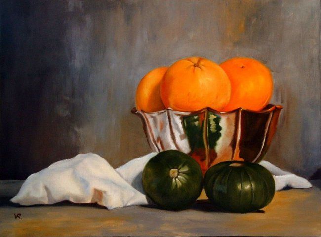 Painting titled "Pomelos y zapallitos" by Verónica Rodríguez, Original Artwork, Oil