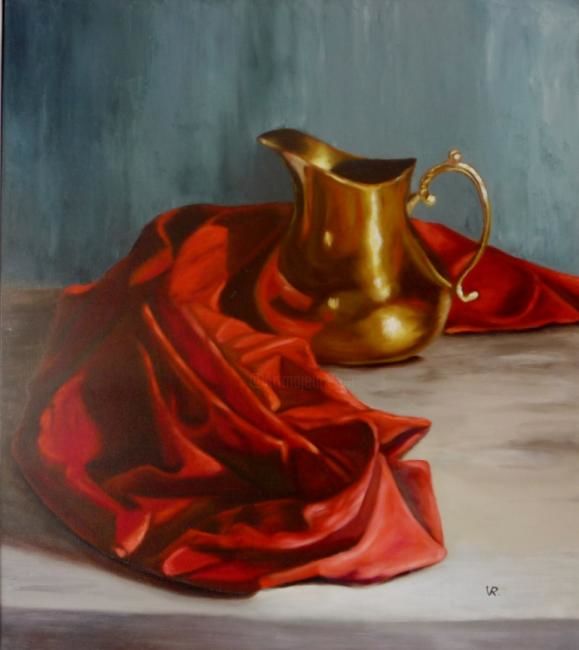 Painting titled "Rojo y bronce" by Verónica Rodríguez, Original Artwork, Oil
