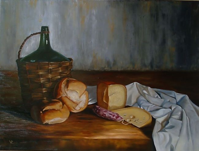 Painting titled "Bodegón con quesos" by Verónica Rodríguez, Original Artwork, Oil