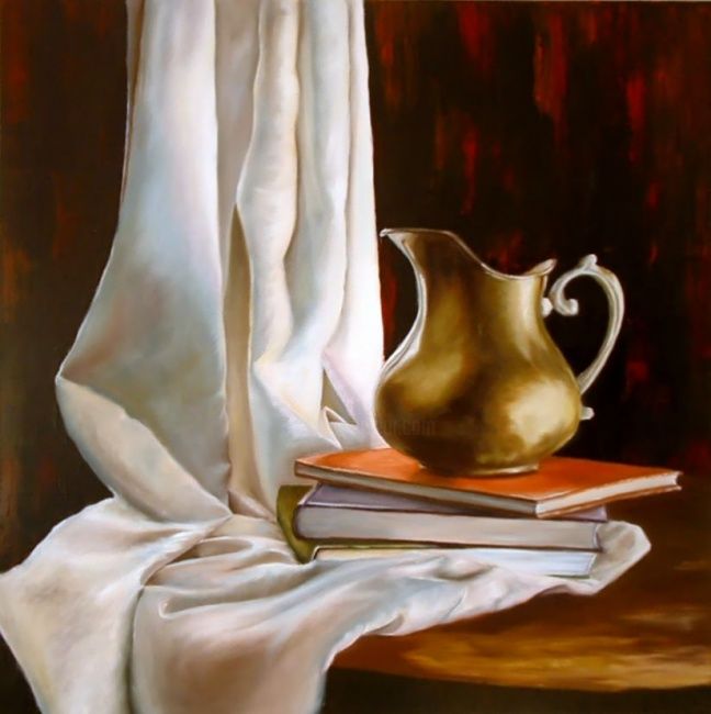 Painting titled "Blanco y bronce" by Verónica Rodríguez, Original Artwork, Oil