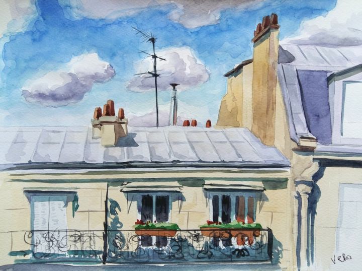 Painting titled "Vue de ma fenêtre" by Veronica Toumanova, Original Artwork, Watercolor