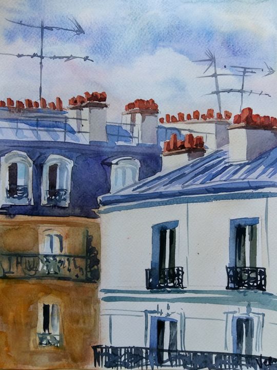 Painting titled "Les toits bleus" by Veronica Toumanova, Original Artwork, Watercolor