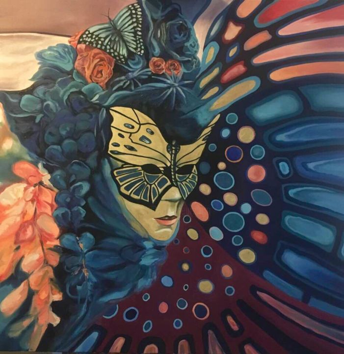 Painting titled "Mask butterfly" by Veronika Konecna, Original Artwork, Oil