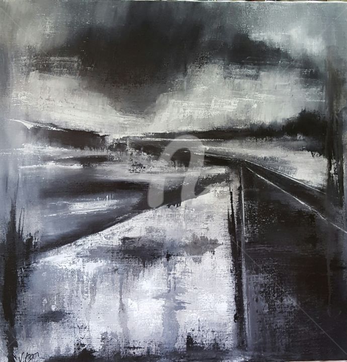 Painting titled "Noir et blanc Wales" by Veronique Azam, Original Artwork, Oil