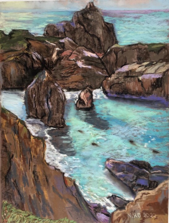 Dessin intitulée "L'Ile aux rochers" par Veronique Blaevoet, Œuvre d'art originale, Pastel