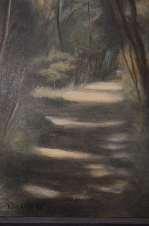 Painting titled "Chemin boisé" by Véronique Bonamy, Original Artwork, Oil