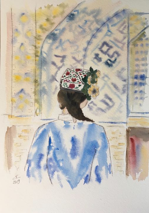 Pintura intitulada "Girl in the madrassa" por Véronique Crombé, Obras de arte originais, Aquarela