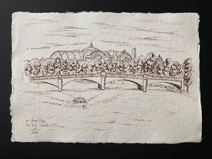Dessin intitulée "Pont de la Concorde…" par Véronique Crombé, Œuvre d'art originale, Encre