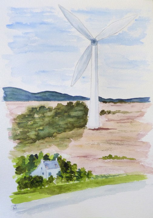 Painting titled "Wind turbine at Cno…" by Véronique Crombé, Original Artwork, Watercolor