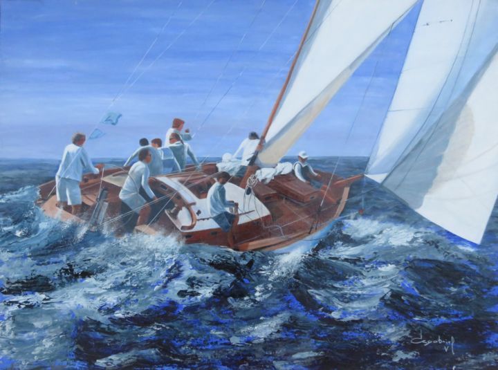 Malerei mit dem Titel "régate en méditerra…" von Véronique Degabriel, Original-Kunstwerk, Acryl Auf Keilrahmen aus Holz mont…