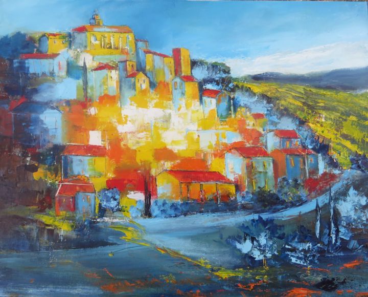 Ζωγραφική με τίτλο "Gordes en lumière" από Véronique Degabriel, Αυθεντικά έργα τέχνης, Ακρυλικό Τοποθετήθηκε στο Ξύλινο φορε…