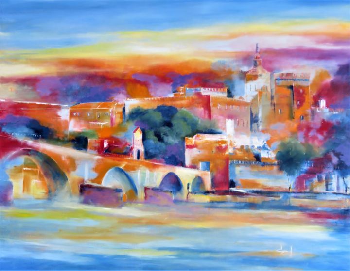 Peinture intitulée "Avignon. Le pont St…" par Véronique Degabriel, Œuvre d'art originale, Huile Monté sur Châssis en bois