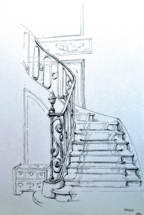 Dessin intitulée "L' escalier" par Veronique Gaudin, Œuvre d'art originale, Encre