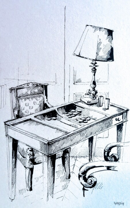 Drawing titled "La table de jeux" by Veronique Gaudin, Original Artwork, Ink