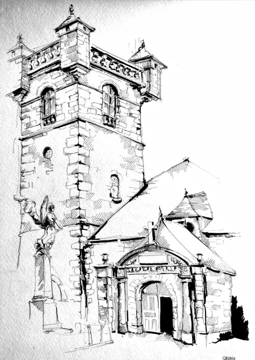 Drawing titled "L'église, Saint Pie…" by Veronique Gaudin, Original Artwork, Ink