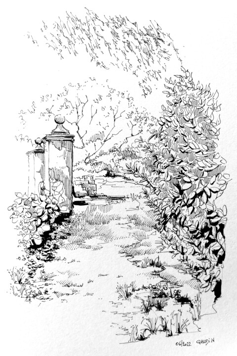 Рисунок под названием "Dans le jardin de C…" - Veronique Gaudin, Подлинное произведение искусства, Чернила