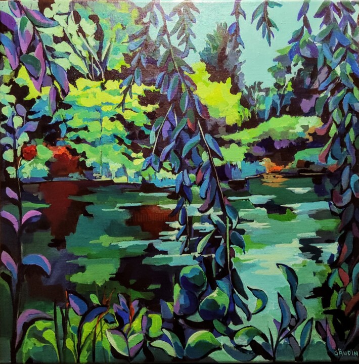 Painting titled "Balade à Giverny" by Veronique Gaudin, Original Artwork, Acrylic Mounted on Wood Stretcher frame